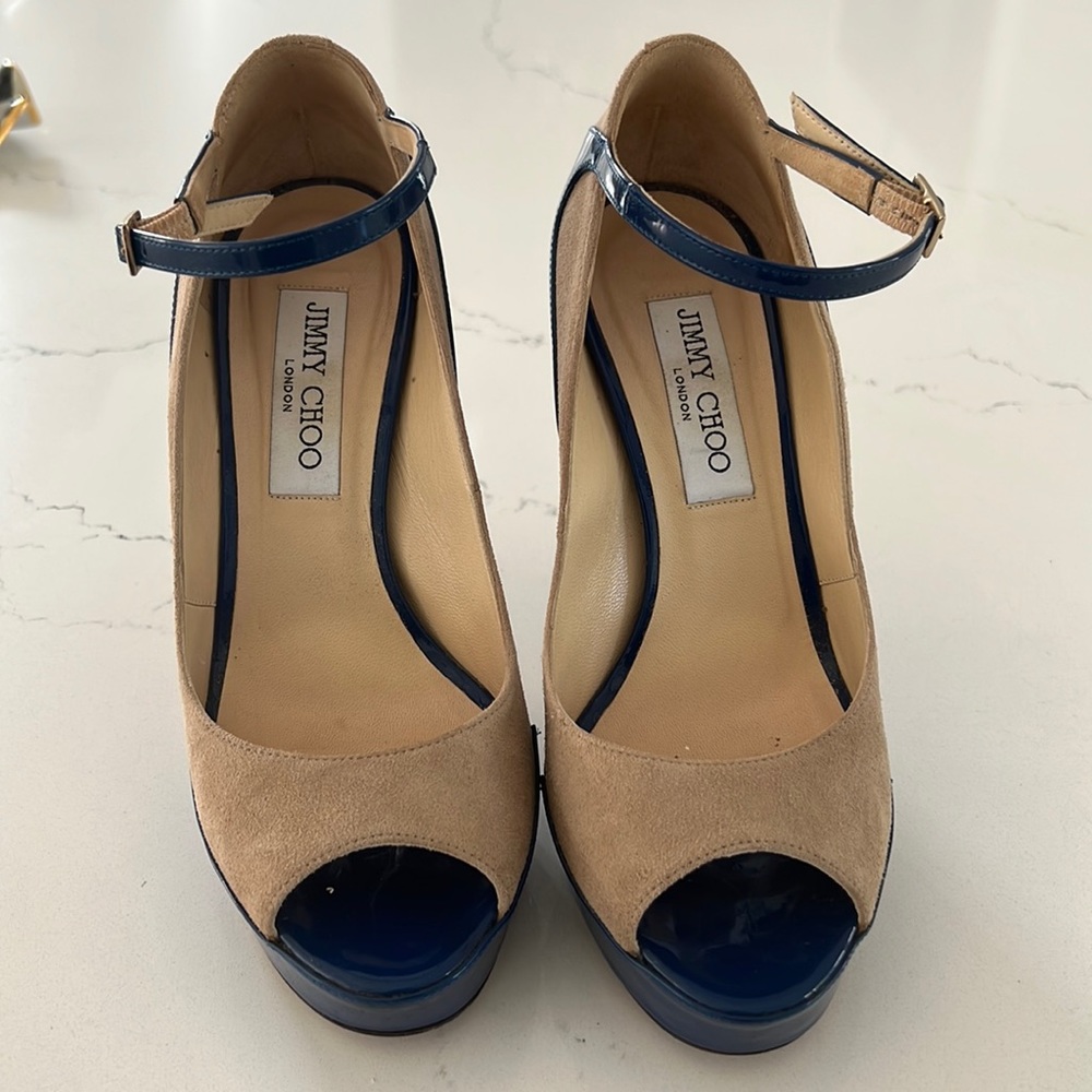 Nude suede and blue patent jimmy choo heels